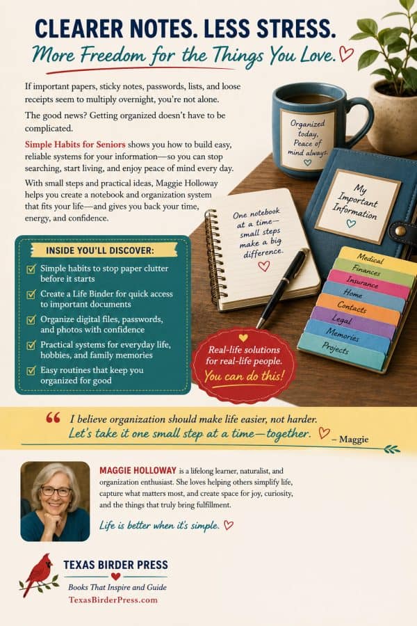 BackCover- Texas Birder Press, Maggie Holloway, Habits for Seniors - Orgnaization Tips for seniors